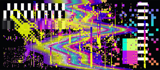 Aufkleber - Retrofuturistic abstract background with pixelated glitches and ambient light leak effects.