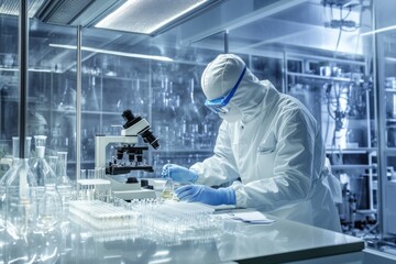 A scientist in a lab coat is wearing a mask