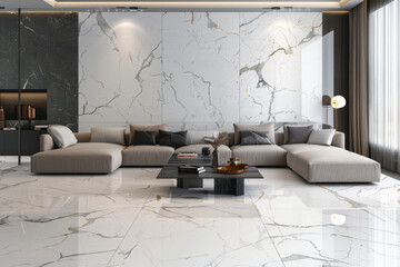 Wall Mural - A large living room with a white marble wall and floor