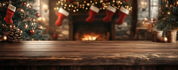 Wall Mural - Rustic wooden counter mockup against a cozy Christmas backdrop with a decorated tree and stockings, warm holiday ambiance, editorial shot, empty copy space for text on side