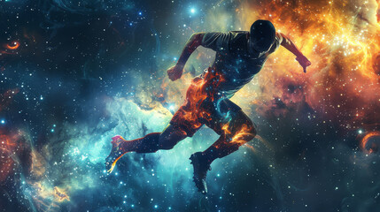 football soccer player in dynamic action pose, double exposure effect blending the player with a cel