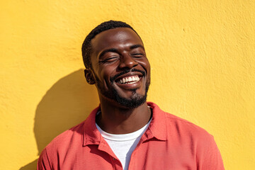 Elegant Portrait of a Black Man with a Warm Smile, Sunlight Illuminating His Face, Red and White Attire, Against a Yellow Background