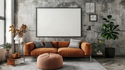 Sticker - Stylish living room interior with mock up poster frame, brown sofa, patterned pillow, modern pouf, personal accessories, and gray concrete wall.