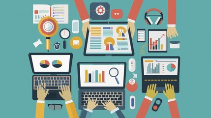 Poster - A team of people working together on laptops and tablets, analyzing data and charts, representing collaboration, teamwork, data analysis, business strategy, and digital marketing