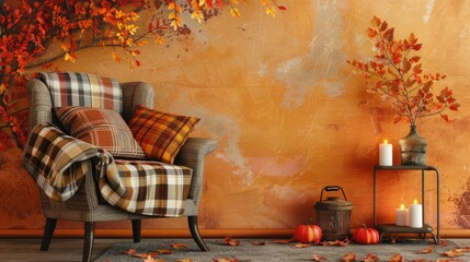 Wall Mural - Plaid-covered chair, autumn leaves, and candles by a bright wall