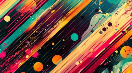 Poster - A vibrant abstract design with diagonal lines in various colors, accented by scattered circles and splashes of paint. This dynamic artwork evokes a sense of energy, movement, and creativity.