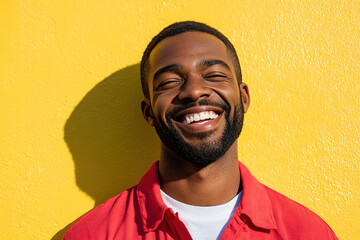 Elegant Portrait of a Black Man with a Warm Smile, Sunlight Illuminating His Face, Red and White Attire, Against a Yellow Background