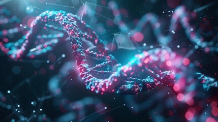 Poster - futuristic digital illustration of dna structure with glowing nodes representing biotechnology and genetic research advancements 