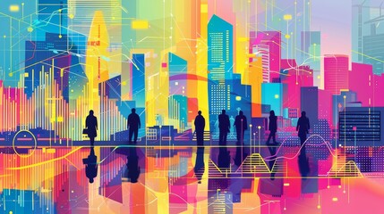Poster - Market research double exposure 2D flat  style vibrant colors professional business setting merging detailed graphs and cityscape silhouettes appealing to modern corporate audiences 