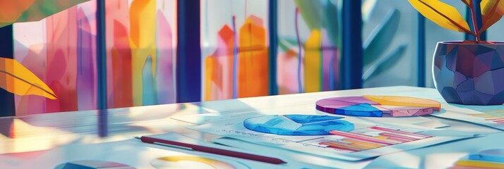 Poster - A vibrant desk with colorful charts, a potted plant, and a pen, representing creativity, progress, growth, and a touch of nature in the workspace.