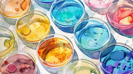 Poster - A vibrant collection of watercolor paint samples displayed in petri dishes, symbolizing creativity, exploration, scientific discovery, artistic expression, and the beauty of color.