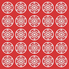 Wall Mural - Christmas white snowflake repeat abstract pattern on red background. Tree decorations for Yule, Noel, Xmas holiday season. Seamless festive decorative design.