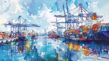 Poster - logistics watercolor graphic illustration, a bustling port with cargo ships, colorful containers, cranes in motion, detailed and vibrant, soft brush strokes, a harmonious blend of industry and art, cl