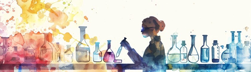 Wall Mural - Scientist silhouetted in a lab, illustrated in cute watercolor style, soft pastel tones and delicate brushstrokes, blending scientific elements with artistic charm 