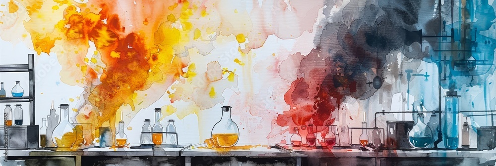 A watercolor painting depicting a laboratory scene with colorful smoke ...