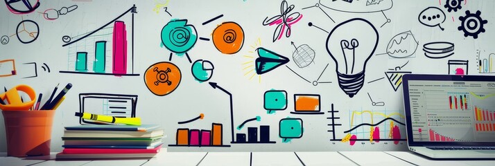 Poster - A whiteboard with colorful hand-drawn charts, graphs, and an idea lightbulb, symbolizing business strategy, innovation, growth, planning, and success.