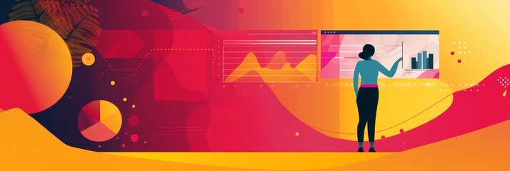 Poster - performance management, sleek 2D flat  design, minimalistic wallpaper with ample copy space, vibrant and modern color scheme, professional and engaging wallpaper graphic for business use. --ar 3:1 Job