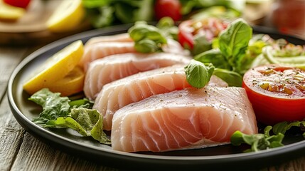 Poster - Raw fish fillets with an assortment of fresh salad and vegetables, ready to be served as a healthy dish.