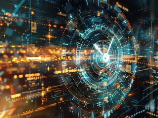 Poster - A massive digital clock made of data streams, with time being fed as fuel into the analytics engine, clockwork details combined with digital elements