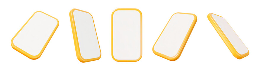 3d set of yellow phone icon in different angles. Smartphone with blank display. Stock vector illustration on isolated background.
