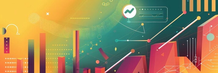 Poster - business development wallpaper with copy space, flat design, vibrant color palette, minimalist elements, modern icons and graphs, sleek geometric shapes, professional and clean layout, suitable for pr