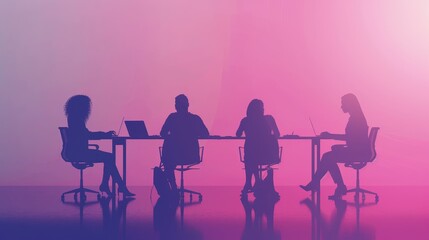 Poster - Silhouetted individuals working at desks with laptops and notepads, productivity theme, minimal background with soft pastel colors, modern office environment, ample negative space, sleek and clean des