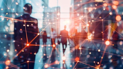 Poster - silhouettes of business professionals walking through a network of glowing lines, symbolizing connec