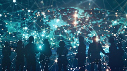 Poster - silhouettes of people standing against a backdrop of a glowing, connected world, symbolizing global 