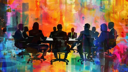 Poster - Corporate governance watercolor graphic illustration vibrant board meeting diverse executives modern abstract backgrounds digital painting professional setting strategic planning creative visual style