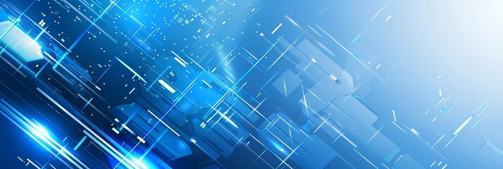 Poster - digital transformation, wallpaper with copy space, technology background, vibrant flat design, modern interface elements, sleek and minimalistic layout, blue and silver tones, abstract geometric shape