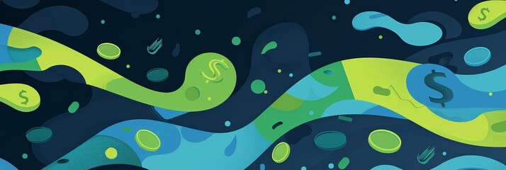 Poster - Cash flow concept, wallpaper with copy space, job background, flat design, vibrant colors, seamless pattern, minimalistic but dynamic, clean and modern aesthetics, blue and green color palette, financ