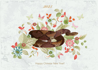 Wall Mural - snake on abstract floral branch with leaves and flowers. fancy vintage pattern with serpent and butterflies against grunge paper. Happy chinese new year 2025