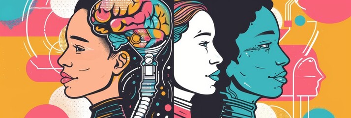 Poster - friends consulting an ai for career advice feeling supported and hopeful bright and professional pop art