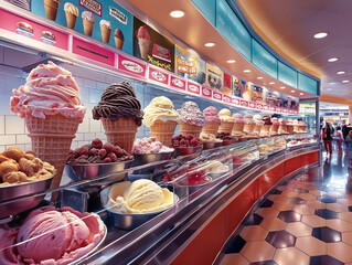 Wall Mural - A store with a lot of ice cream and other frozen treats. The store is brightly lit and has a cheerful atmosphere