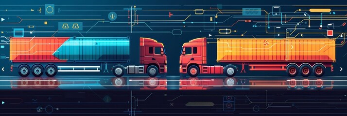 Poster - Logistics operations artfully arranged, vibrant color palette, trucks and containers aligned symmetrically, clean work background with ample copy space, sleek wallpaper graphics featuring shipping rou