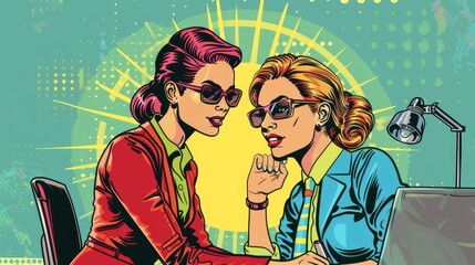Poster - Two women in business attire, one in a red jacket and the other in a blue jacket, are collaborating on a project. They are sitting at a desk with a laptop and a lamp. This image symbolizes teamwork, c