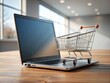 © Irina - A laptop with a shopping cart on top resting on a wooden table in a bright and modern workspace. Generative AI