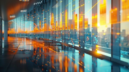 Poster - Futuristic Office Interior with Cityscape and Data Visualization