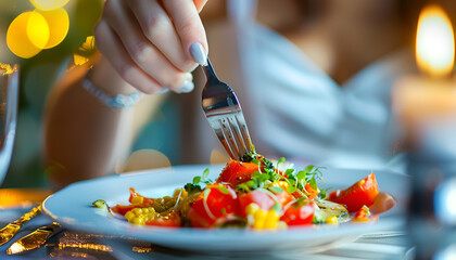 Person enjoying a colorful, appetizing meal, captured in the act of cutting food with a fork and knife