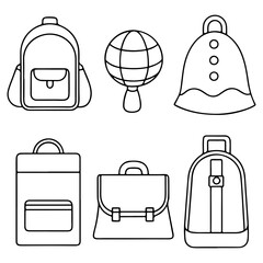 Wall Mural - Collection of educational concepts including back-to-school items such as notepads, papers, pencils, food, bags, and other school-related objects line art,  and education concept icons.