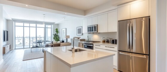 Canvas Print - Modern Kitchen with Stainless Steel Appliances and Island Countertop