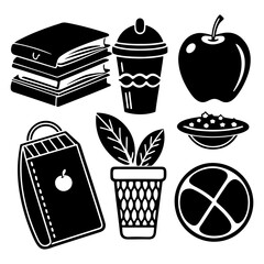 Wall Mural - Collection of educational concepts including back-to-school items such as notepads, papers, pencils, food, bags, and other school-related objects in outline and education concept icons.