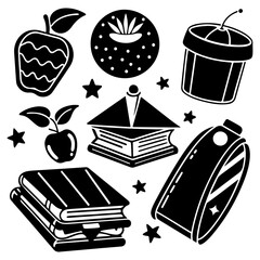 Wall Mural - Collection of educational concepts including back-to-school items such as notepads, papers, pencils, food, bags, and other school-related objects in outline and education concept icons.