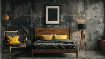 Sticker - Poster on concrete wall above stool, lamp, and wooden bed in dark room with yellow pillow on chair