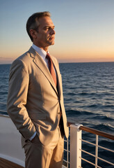 An senior man with dark suit on yatch