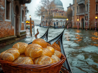 Wall Mural - A basket of bread is on a boat in a canal. The scene is peaceful and serene, with the boat floating on the water and the bread in the basket