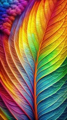 Canvas Print - Vibrant rainbow leaves with intricate wavy patterns showcasing a spectrum of colors and textures in a lively natural setting. Generative AI