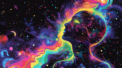 Wall Mural - vivid neon lines and stars forming a mystical abstract face in digital art, cosmic and surreal atmos