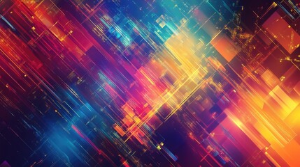 Poster - A colorful abstract tech background with overlapping layers of digital elements, creating a sense of depth. The upper portion is clear for text.