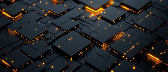 Abstract black technology square shape background and neon light